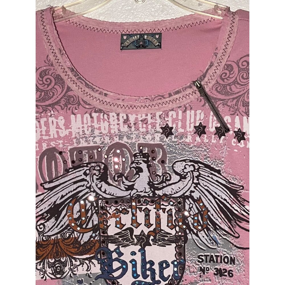 Vanilla Sugar Top 1X Pink Motorcycle  Sequin Ribbed 3/4 Sleeve Y2K Chic USA - Picture 7 of 16
